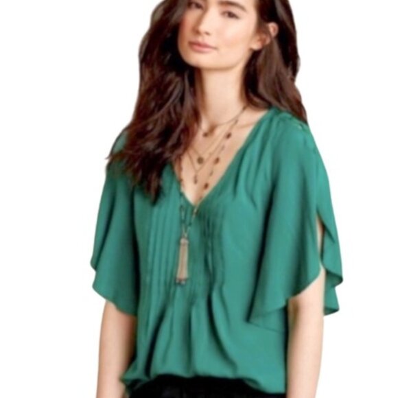 Anthropologie Maeve Maya Pintuck Flutter Sleeve Blouse Kelly Green Size 4 - Picture 1 of 9